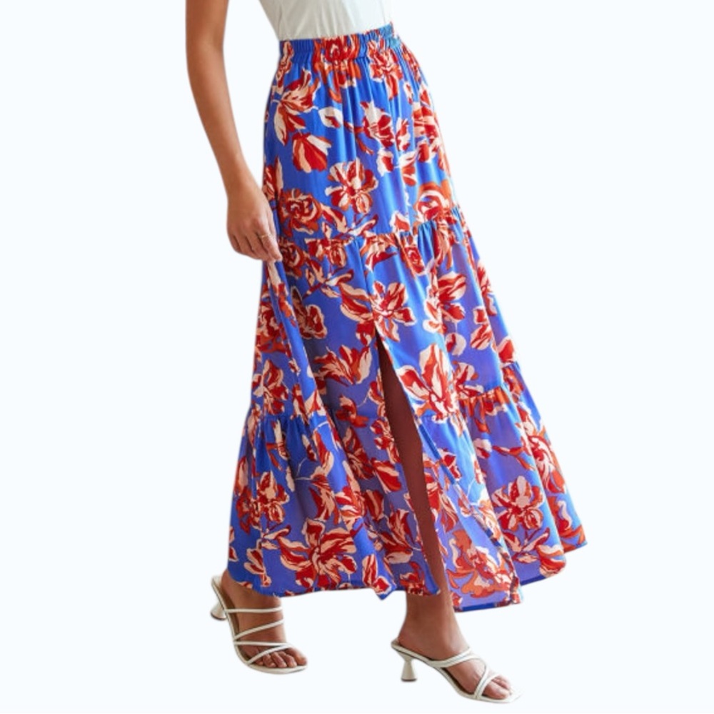 5411. Floral Blue and Red Maxi Skirt